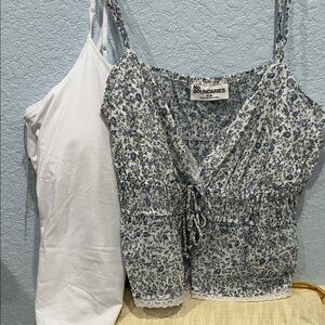 No Boundaries  Blue Floral Smocked Cami And White Tank Top with shelf Bra